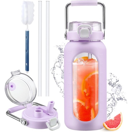 Joogipudel Klaasist Roostevabast Terasest Käepidemega ja Kõrrega – Lilla, 1900ml